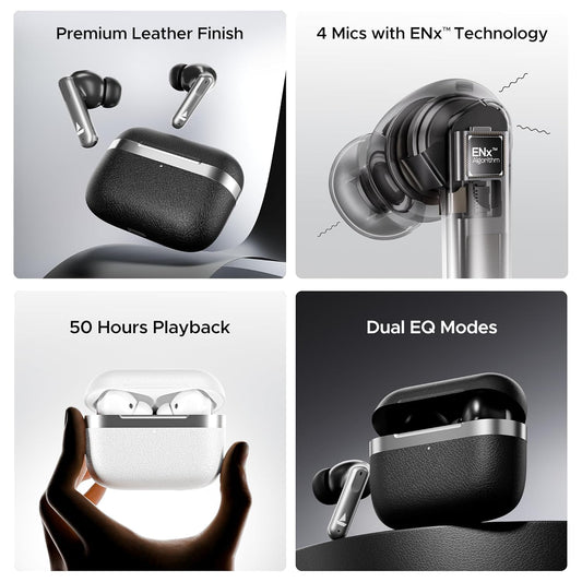Boat Airdopes 111v2, Premium Leather Finish, 4Mics ENx, 50HRS Battery, 13mm Drivers, Fast Charge, Dual Pair, v5.4 Bluetooth TWS in Ear Earbuds Wireless Earphones with mic (Classic Black)