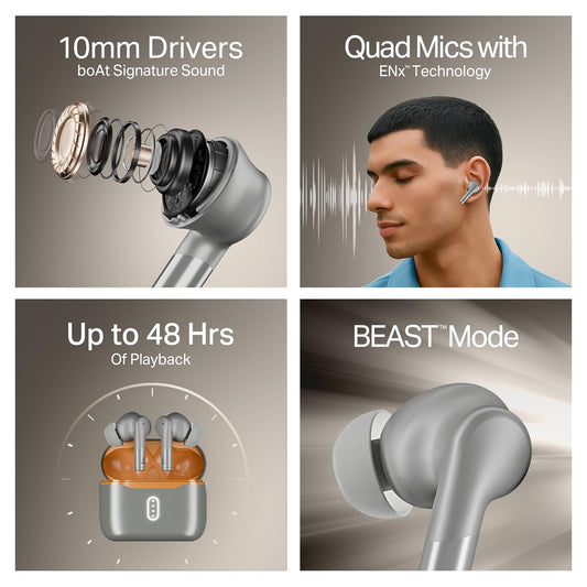 Boat Airdopes 141 Gen 2 (2025), 4 Mics ENx Tech, 48 Hrs Playback, Free Music Streaming, Fast Charge, Low Latency, IPX4, v5.4 Bluetooth Earbuds, TWS Ear Buds Wireless Earphones with mic (Grey)