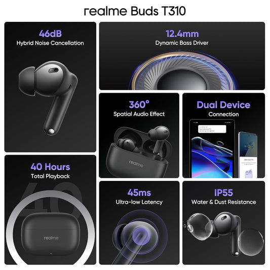 Realme Buds T310 True Wireless in-Ear Earbuds with 46dB Hybrid ANC, 360° Spatial Audio, 12.4mm Dynamic Bass Driver, Upto 40Hrs Battery and Fast Charging (Vibrant Black)