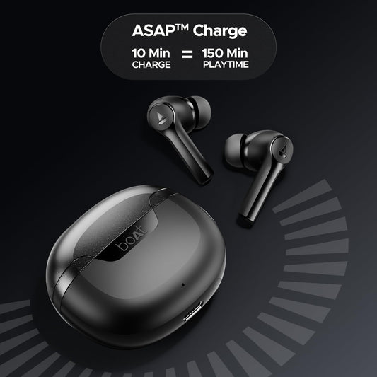 Boat Airdopes 300, Cinematic Spatial Audio, 50HRS Battery, 4Mic AI ENx, Fast Charge, App Support, Low Latency, IPX4, v5.3 Bluetooth Earbuds, TWS Ear Buds Wireless Earphones with mic (Gunmetal Black)