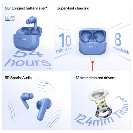 OnePlus Nord Buds 3r TWS Earbuds up to 54 Hours Playback, 2-mic Clear Calls, 3D Spatial Audio, AI Translation, 12.4mm Drivers, Dual-Device Connectivity, 47ms Low Latency - (Aura Blue)