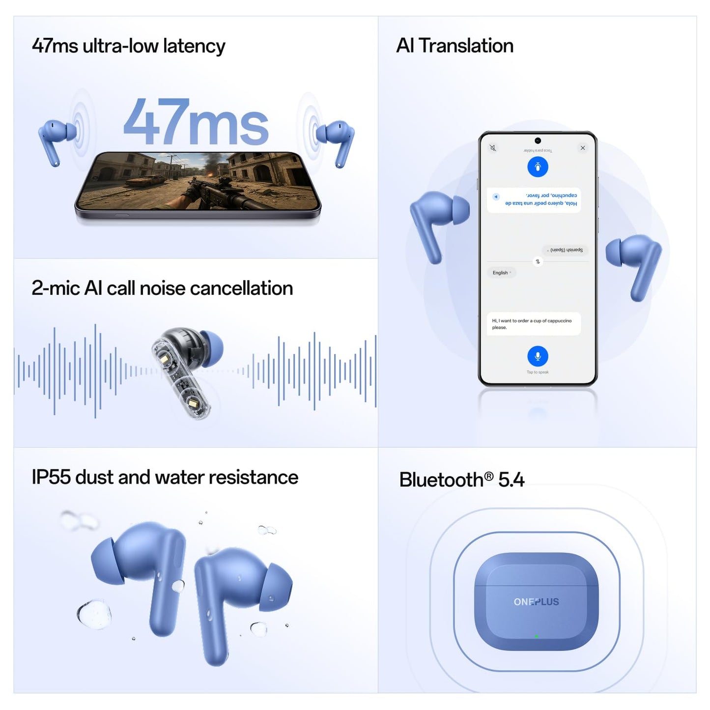 OnePlus Nord Buds 3r TWS Earbuds up to 54 Hours Playback, 2-mic Clear Calls, 3D Spatial Audio, AI Translation, 12.4mm Drivers, Dual-Device Connectivity, 47ms Low Latency - (Aura Blue)