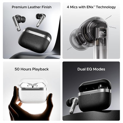 Boat Airdopes 111v2, Premium Leather Finish, 4Mics ENx, 50HRS Battery, 13mm Drivers, Fast Charge, Dual Pair, v5.4 Bluetooth TWS in Ear Earbuds Wireless Earphones with mic (Classic Black)