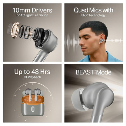Boat Airdopes 141 Gen 2 (2025), 4 Mics ENx Tech, 48 Hrs Playback, Free Music Streaming, Fast Charge, Low Latency, IPX4, v5.4 Bluetooth Earbuds, TWS Ear Buds Wireless Earphones with mic (Grey)