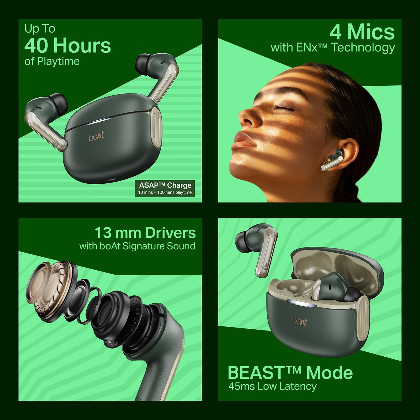 Boat 2025 Launch Airdopes 219, 4Mics ENx, 40H Battery, Best in Segment for Calling, Stream Ad Free Music via App Support, Bluetooth Earbuds, TWS Ear Buds Wireless Earphones with mic (Forest Sage)