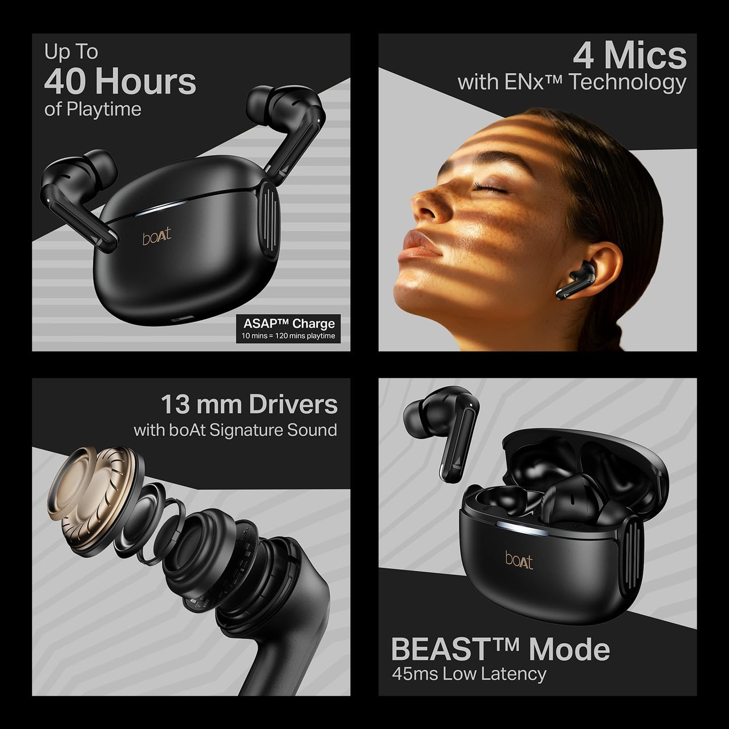 Boat 2025 Launch Airdopes 219, 4Mics ENx, 40H Battery, Best in Segment for Calling, Stream Ad Free Music via App Support, Bluetooth Earbuds, TWS Ear Buds Wireless Earphones with mic (Carbon Black)