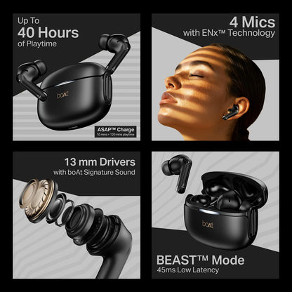 Boat 2025 Launch Airdopes 219, 4Mics ENx, 40H Battery, Best in Segment for Calling, Stream Ad Free Music via App Support, Bluetooth Earbuds, TWS Ear Buds Wireless Earphones with mic (Carbon Black)