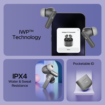 Boat Airdopes 91, 45HRS Battery, 50ms Low Latency, ENx Tech, Fast Charge, IPX4, IWP Tech, v5.3 Bluetooth Earbuds, TWS Ear Buds Wireless Earphones with mic (Mist Grey)