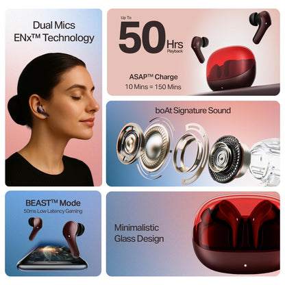 Boat 2025 Launch Airdopes Plus 311, Glass Design, ENx Tech, Fast Charge, 50 Hrs Battery, Stream Ad Free Music via App Support Bluetooth Earbuds, TWS Ear Buds Wireless Earphones with mic (Crimson Red)