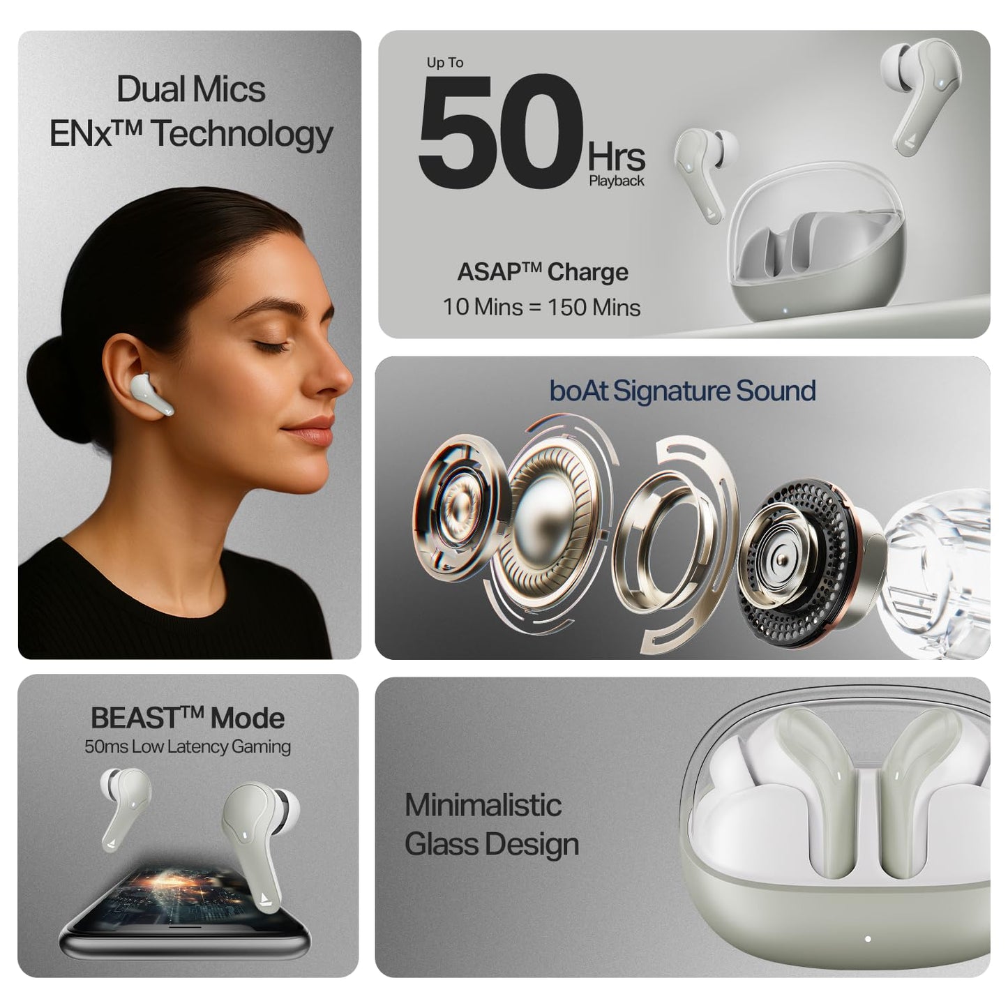 Boat 2025 Launch Airdopes Plus 311,Glass Design,ENx Tech,50 H Battery, Fast Charge, Stream Ad Free Music via App Support, Bluetooth Earbuds, TWS Ear Buds Wireless Earphones with mic (Ash Grey)