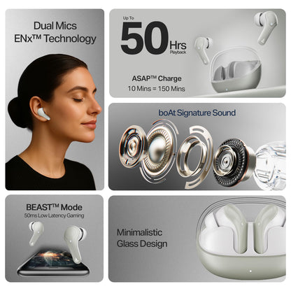 Boat 2025 Launch Airdopes Plus 311,Glass Design,ENx Tech,50 H Battery, Fast Charge, Stream Ad Free Music via App Support, Bluetooth Earbuds, TWS Ear Buds Wireless Earphones with mic (Ash Grey)