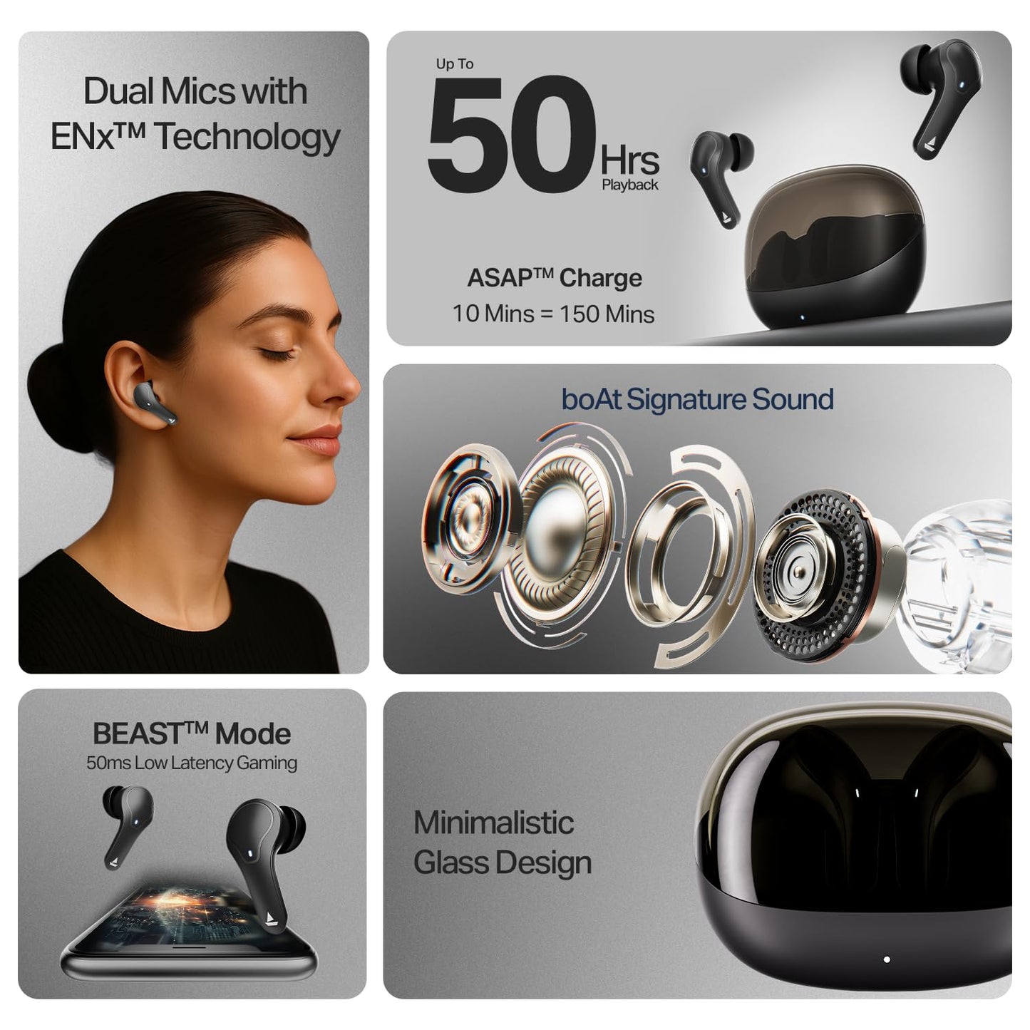 Boat 2025 Launch Airdopes Plus 311,Glass Design,ENx Tech,50 H Battery, Fast Charge, Stream Ad Free Music via App Support, Bluetooth Earbuds, TWS Ear Buds Wireless Earphones with mic (Charcoal Black)