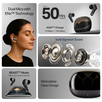 Boat 2025 Launch Airdopes Plus 311,Glass Design,ENx Tech,50 H Battery, Fast Charge, Stream Ad Free Music via App Support, Bluetooth Earbuds, TWS Ear Buds Wireless Earphones with mic (Charcoal Black)