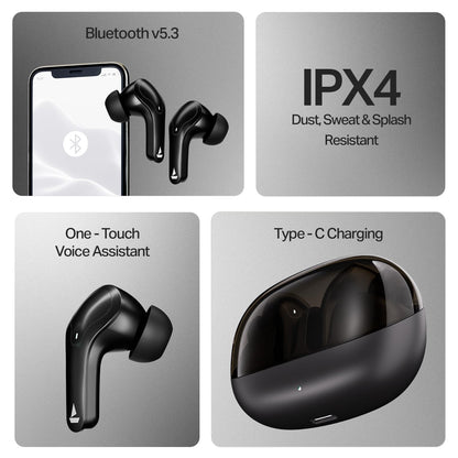 Boat 2025 Launch Airdopes Plus 311,Glass Design,ENx Tech,50 H Battery, Fast Charge, Stream Ad Free Music via App Support, Bluetooth Earbuds, TWS Ear Buds Wireless Earphones with mic (Charcoal Black)