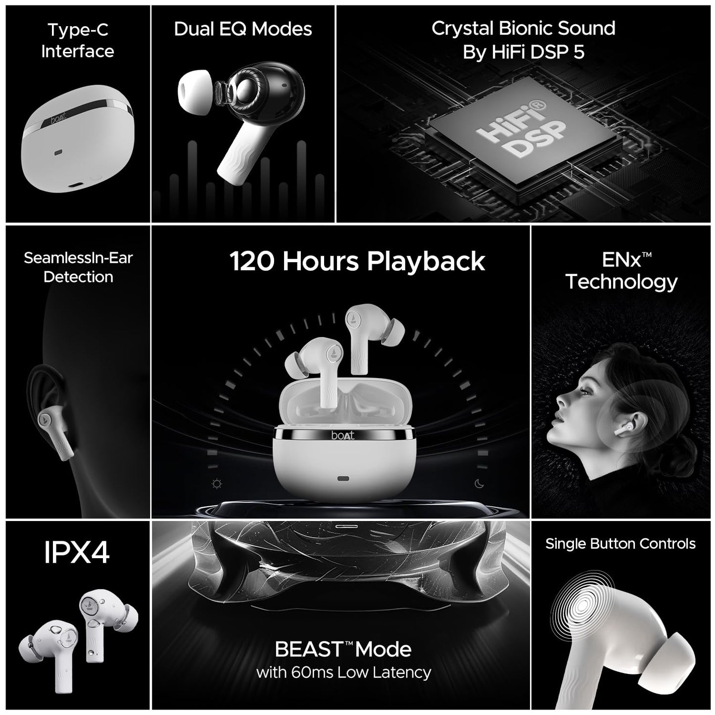 Boat Nirvana Ion, 120HRS Battery, Crystal Bionic Sound w/Dual EQ Modes, 4Mics ENx, App Support, Low Latency, IPX4, v.5.2 Bluetooth TWS in Ear Earbuds Wireless Earphones with mic (Ivory White)