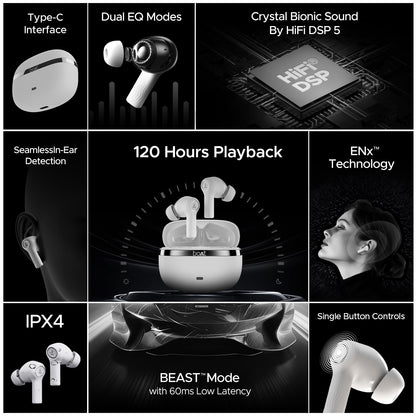 Boat Nirvana Ion, 120HRS Battery, Crystal Bionic Sound w/Dual EQ Modes, 4Mics ENx, App Support, Low Latency, IPX4, v.5.2 Bluetooth TWS in Ear Earbuds Wireless Earphones with mic (Ivory White)