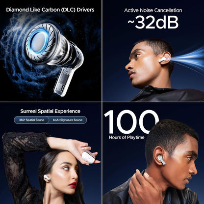Boat Nirvana Space, 360 Spatial Audio, Active Noise Cancellation (~32dB), 100Hrs Battery,4Mics ENx, Fast Charge, v5.3 Bluetooth TWS in Ear Earbuds Wireless Earphones with mic (Celestial White)