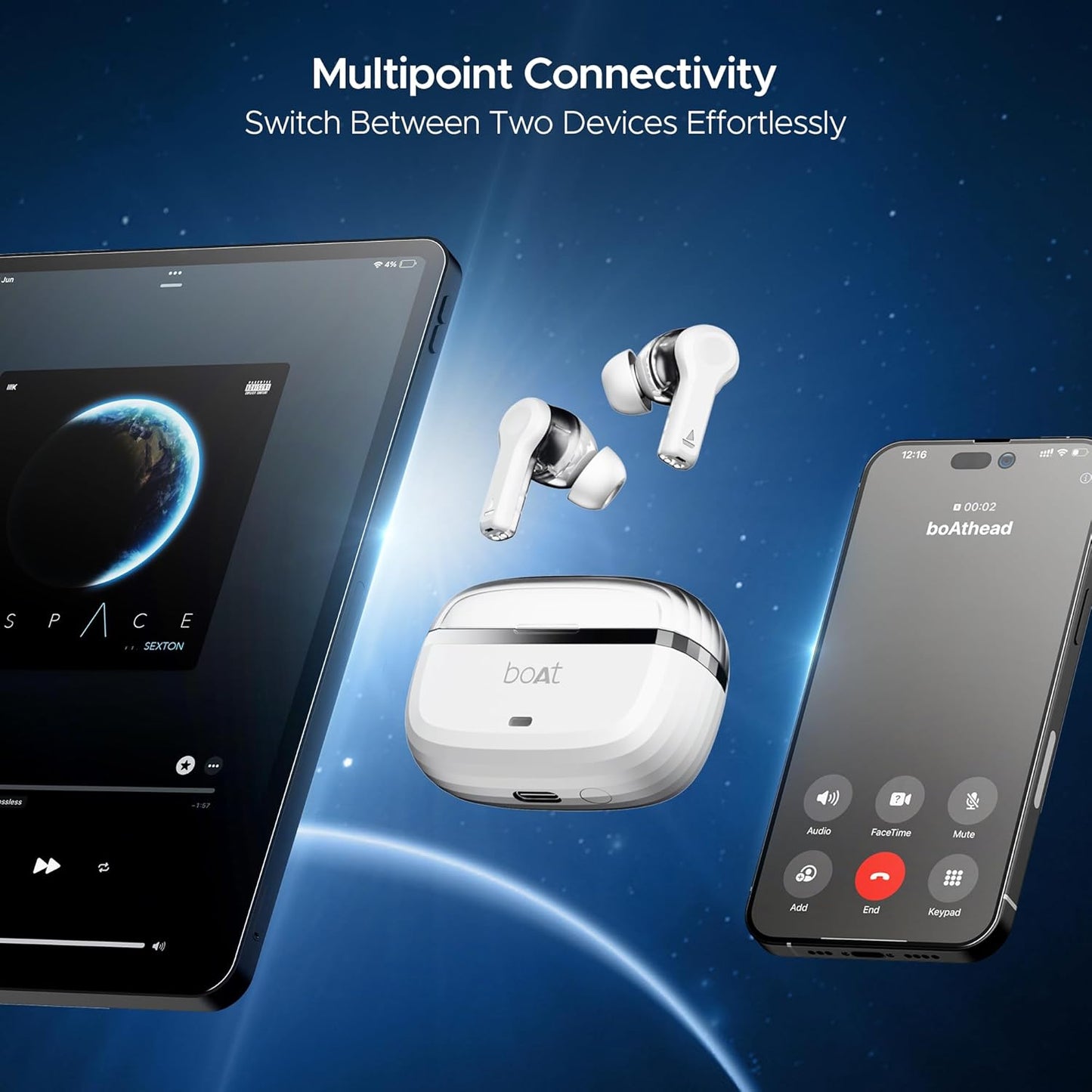 Boat Nirvana Space, 360 Spatial Audio, Active Noise Cancellation (~32dB), 100Hrs Battery,4Mics ENx, Fast Charge, v5.3 Bluetooth TWS in Ear Earbuds Wireless Earphones with mic (Celestial White)