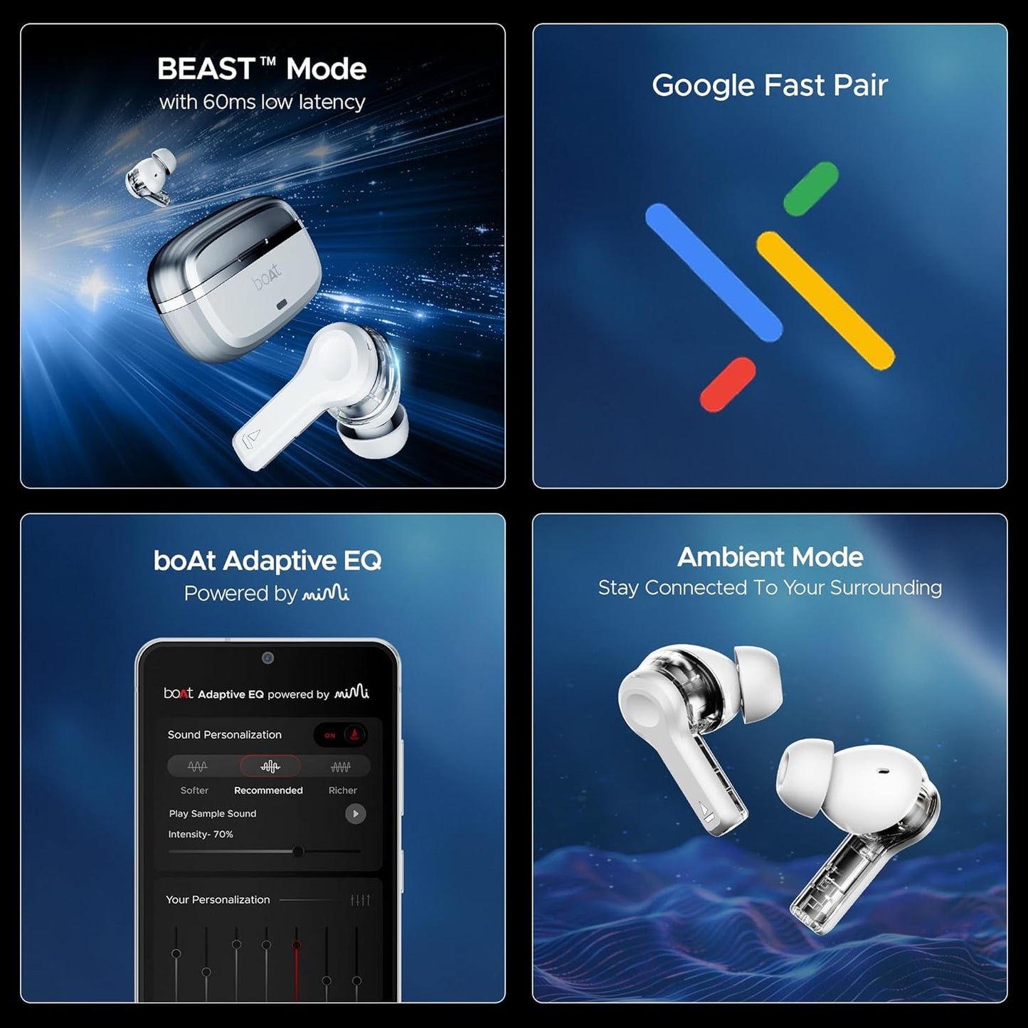 Boat Nirvana Space, 360 Spatial Audio, Active Noise Cancellation (~32dB), 100Hrs Battery,4Mics ENx, Fast Charge, v5.3 Bluetooth TWS in Ear Earbuds Wireless Earphones with mic (Celestial White)