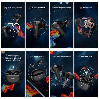 Noise Buds VS102 Plus Wireless Earbuds, Bluetooth Earbuds with 70H Playtime, Quad Mic ENC for Clear Calls, 11mm Drivers, Deep Bass, Instacharge, Bluetooth v5.3 (Matte Black)