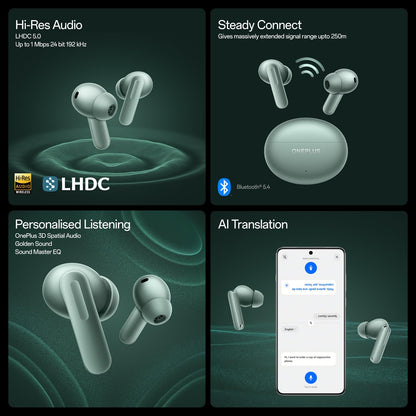 OnePlus Buds 4 TWS Earbuds with Upto 55dB Real-time ANC, Adaptive Mode, Dual Drivers with DACs, 3D Audio, Upto 45hrs Music Playback, ,Dual-Device connectivity, 47ms Low Latency, Zen Green