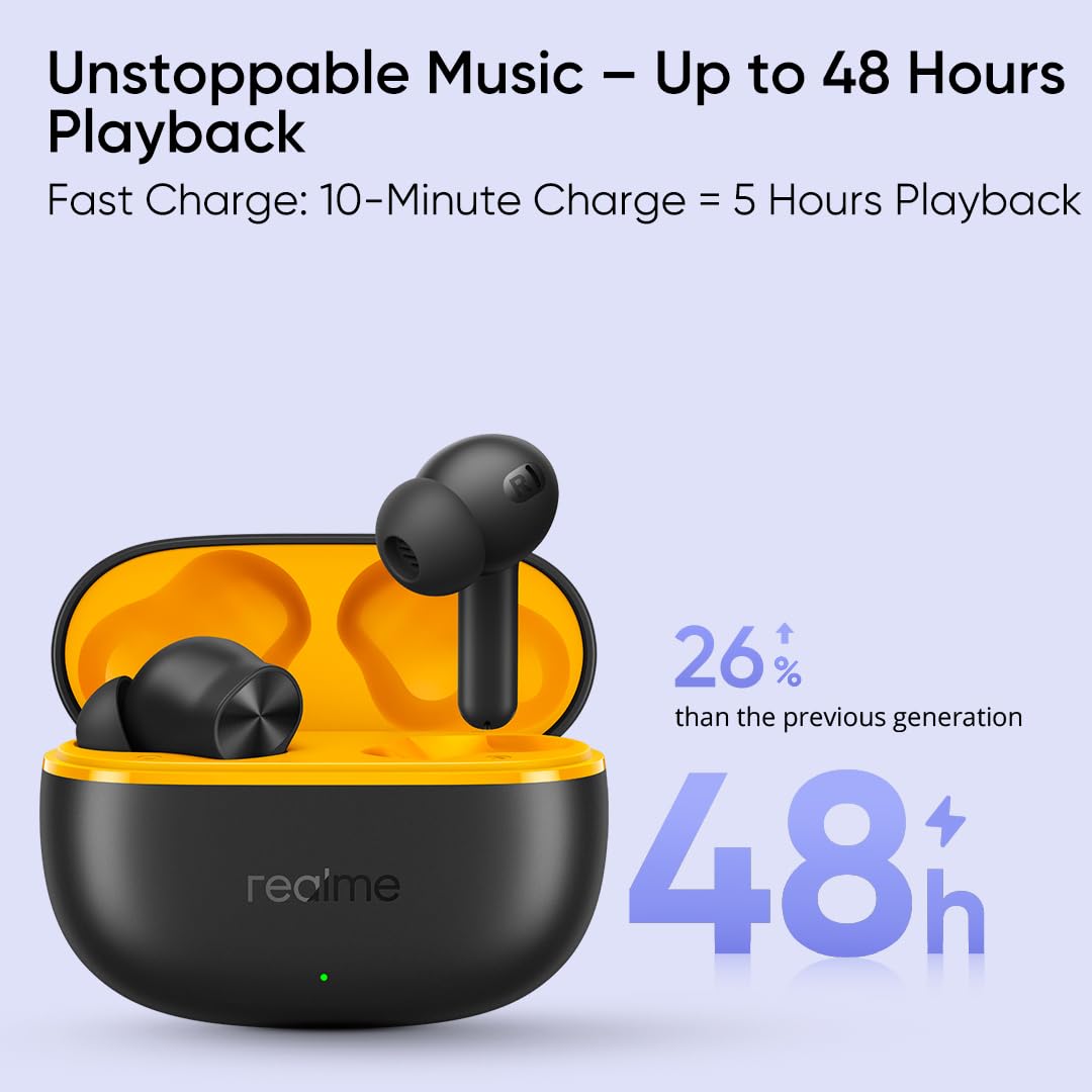 Realme Buds T200 Lite Bluetooth in Ear Earbuds,4 Mic, AI ENC for Calls,48 Hours Total Playback with Fast Charging and Low Latency Gaming TWS,Google Fast Pair, with mic (Volt Black)