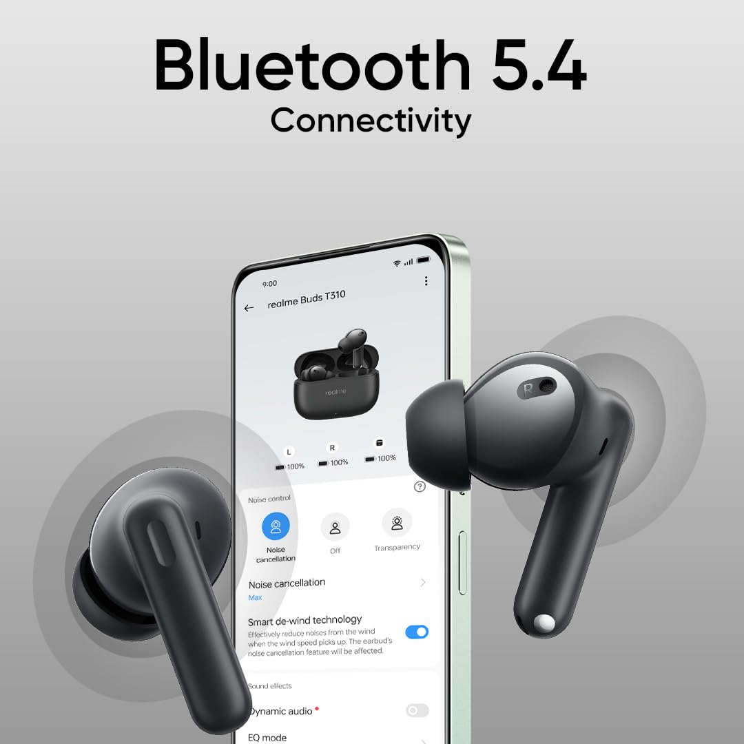 Realme Buds T310 True Wireless in-Ear Earbuds with 46dB Hybrid ANC, 360° Spatial Audio, 12.4mm Dynamic Bass Driver, Upto 40Hrs Battery and Fast Charging (Vibrant Black)