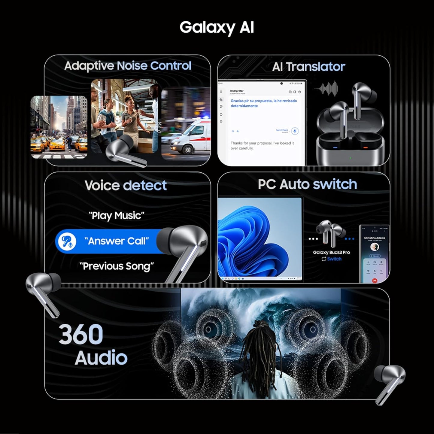 Original Imported Samsung Galaxy Buds3 Pro Wireless Earbuds, Powered by Galaxy AI, IP57, Active Noise Cancellation, Adaptive Noise Control, 37hrs Battery, 360 Surround Sound, Pinch Controls, Galaxy Ecosystem, Matt Silver