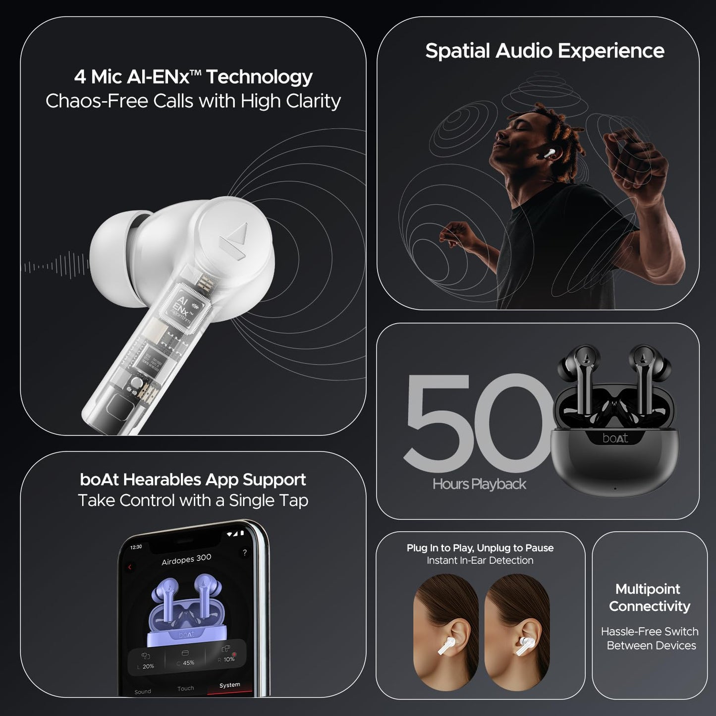 Boat Airdopes 300, Cinematic Spatial Audio, 50HRS Battery, 4Mic AI ENx, Fast Charge, App Support, Low Latency, IPX4, v5.3 Bluetooth Earbuds, TWS Ear Buds Wireless Earphones with mic (Gunmetal Black)