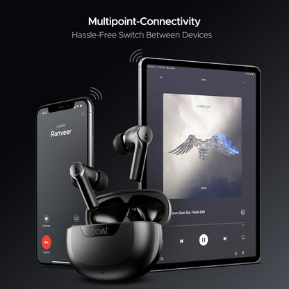 Boat Airdopes 300, Cinematic Spatial Audio, 50HRS Battery, 4Mic AI ENx, Fast Charge, App Support, Low Latency, IPX4, v5.3 Bluetooth Earbuds, TWS Ear Buds Wireless Earphones with mic (Gunmetal Black)