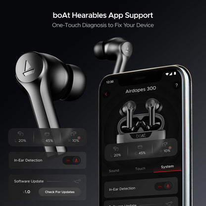 Boat Airdopes 300, Cinematic Spatial Audio, 50HRS Battery, 4Mic AI ENx, Fast Charge, App Support, Low Latency, IPX4, v5.3 Bluetooth Earbuds, TWS Ear Buds Wireless Earphones with mic (Gunmetal Black)