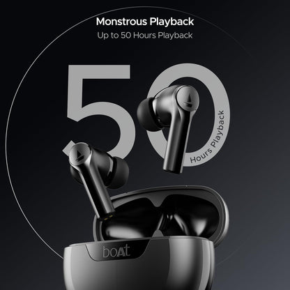 Boat Airdopes 300, Cinematic Spatial Audio, 50HRS Battery, 4Mic AI ENx, Fast Charge, App Support, Low Latency, IPX4, v5.3 Bluetooth Earbuds, TWS Ear Buds Wireless Earphones with mic (Gunmetal Black)