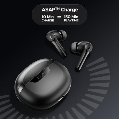 Boat Airdopes 300, Cinematic Spatial Audio, 50HRS Battery, 4Mic AI ENx, Fast Charge, App Support, Low Latency, IPX4, v5.3 Bluetooth Earbuds, TWS Ear Buds Wireless Earphones with mic (Gunmetal Black)