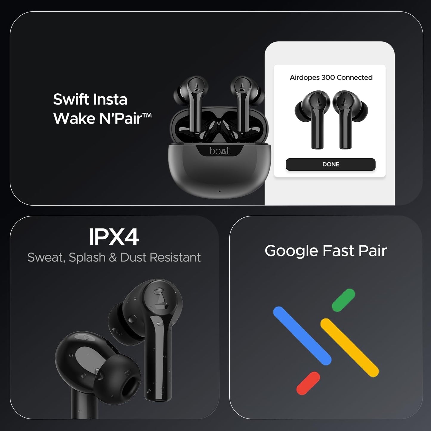 Boat Airdopes 300, Cinematic Spatial Audio, 50HRS Battery, 4Mic AI ENx, Fast Charge, App Support, Low Latency, IPX4, v5.3 Bluetooth Earbuds, TWS Ear Buds Wireless Earphones with mic (Gunmetal Black)