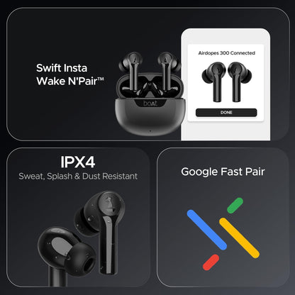 Boat Airdopes 300, Cinematic Spatial Audio, 50HRS Battery, 4Mic AI ENx, Fast Charge, App Support, Low Latency, IPX4, v5.3 Bluetooth Earbuds, TWS Ear Buds Wireless Earphones with mic (Gunmetal Black)