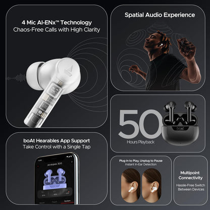 Boat Airdopes 300, Cinematic Spatial Audio, 50HRS Battery, 4Mic AI ENx, Fast Charge, App Support, Low Latency, IPX4, v5.3 Bluetooth TWS in Ear Earbuds Wireless Earphones with mic (Chrome White)