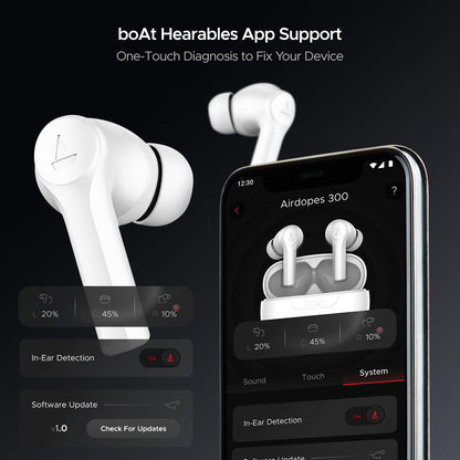 Boat Airdopes 300, Cinematic Spatial Audio, 50HRS Battery, 4Mic AI ENx, Fast Charge, App Support, Low Latency, IPX4, v5.3 Bluetooth TWS in Ear Earbuds Wireless Earphones with mic (Chrome White)