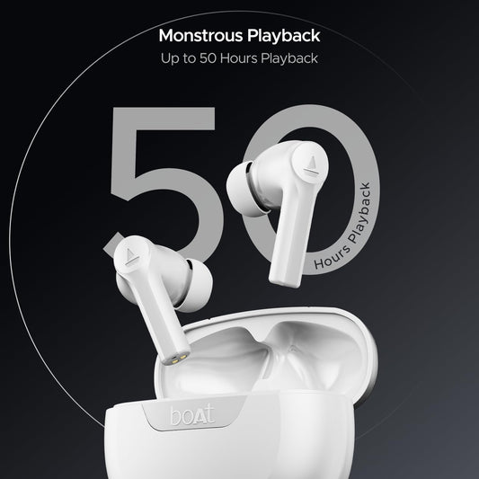 Boat Airdopes 300, Cinematic Spatial Audio, 50HRS Battery, 4Mic AI ENx, Fast Charge, App Support, Low Latency, IPX4, v5.3 Bluetooth TWS in Ear Earbuds Wireless Earphones with mic (Chrome White)