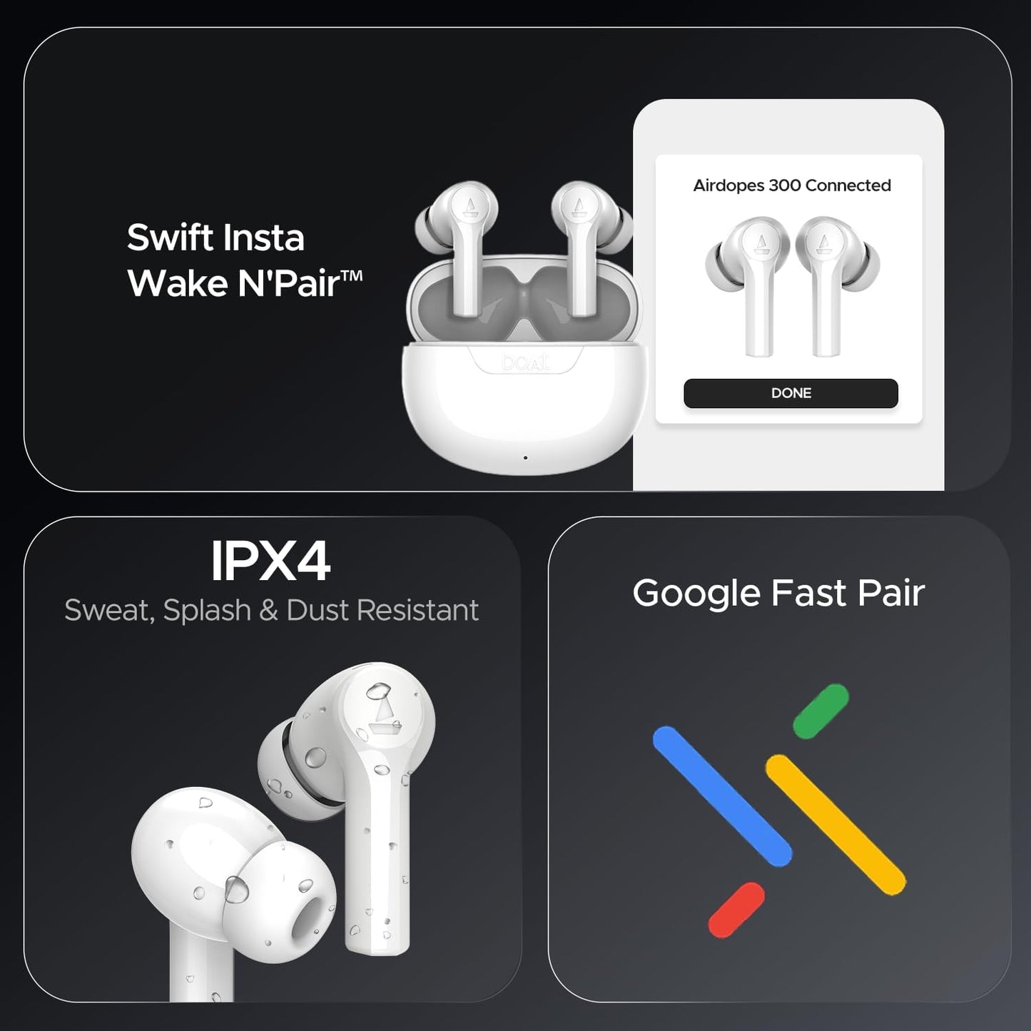Boat Airdopes 300, Cinematic Spatial Audio, 50HRS Battery, 4Mic AI ENx, Fast Charge, App Support, Low Latency, IPX4, v5.3 Bluetooth TWS in Ear Earbuds Wireless Earphones with mic (Chrome White)