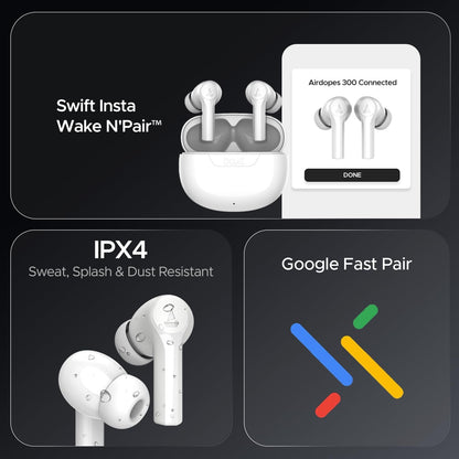 Boat Airdopes 300, Cinematic Spatial Audio, 50HRS Battery, 4Mic AI ENx, Fast Charge, App Support, Low Latency, IPX4, v5.3 Bluetooth TWS in Ear Earbuds Wireless Earphones with mic (Chrome White)